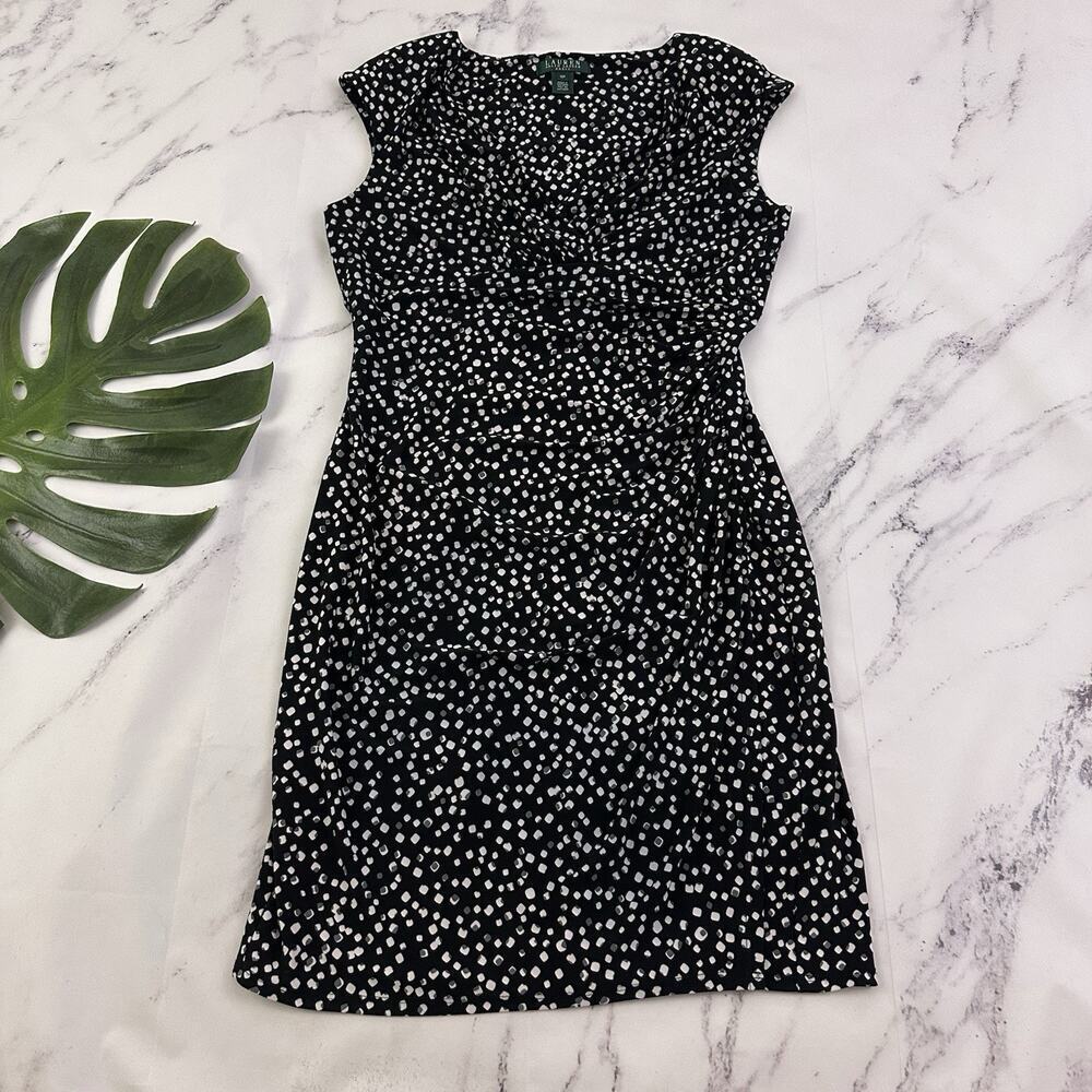 Lauren Ralph Lauren Womens Sheath Dress Size 12 P Black White Dots Stretch